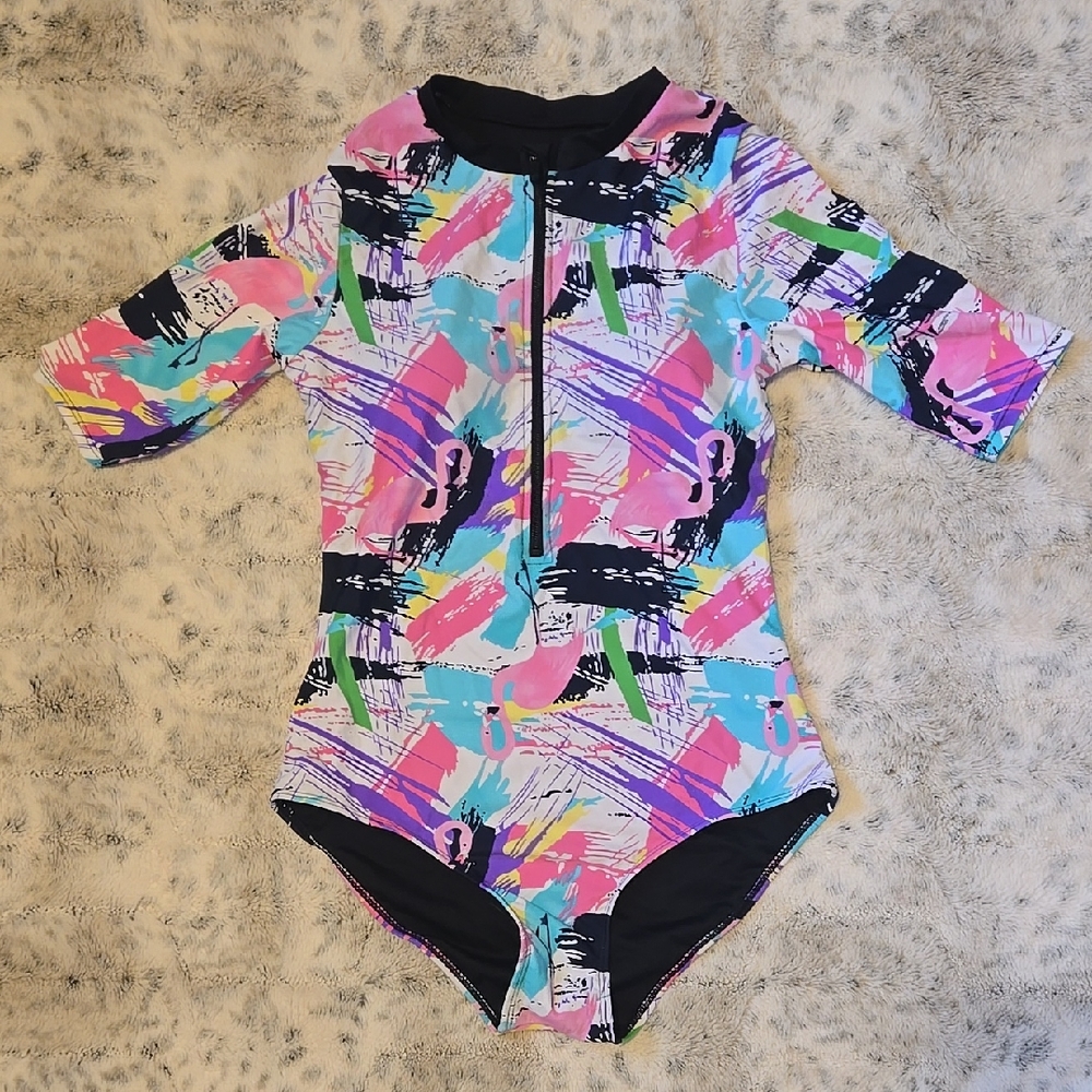 90s Flamingo Print Rashguard Swimsuit